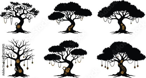 Fantasy tree illustration, enchanted forest art, magical trunks, golden accents, whimsical silhouette, mystical design, cartoon nature, decorative trees, mythical scene