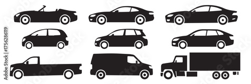 automotive silhouette icon collection nine vehicles convertible sedan hatchback suv pickup van semi truck transport