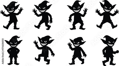 Goblin silhouette set, cartoon monsters, black and white illustration, creepy characters, pointed hats, sharp teeth, Halloween icons, fantasy design
