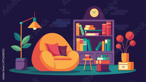 A cozy reading nook with a bean bag chair a lava lamp and a bookshelf filled with vintage books.