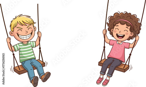 Children swinging happily, cartoon playground scene, joyful kids, outdoor fun, smiling faces, carefree childhood, colorful illustration, movement, friendship, playtime