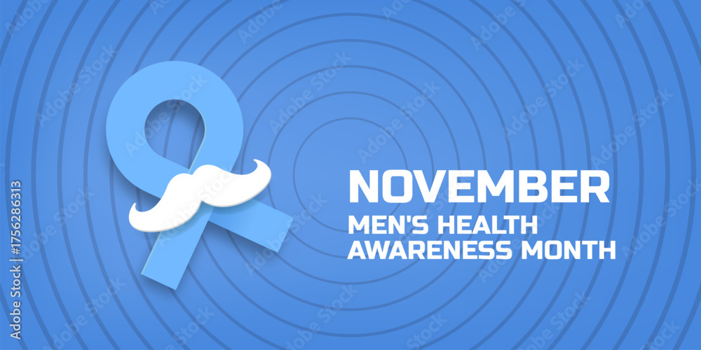 Obraz premium November Mens Health awareness month banner with blue ribbon and moustache icon. Blue November is prostate cancer awareness month with moustache and ribbon. November mens health month poster