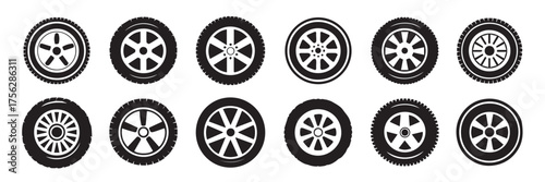 black and white wheel rim vector pack tire and spoke illustrations for car customization