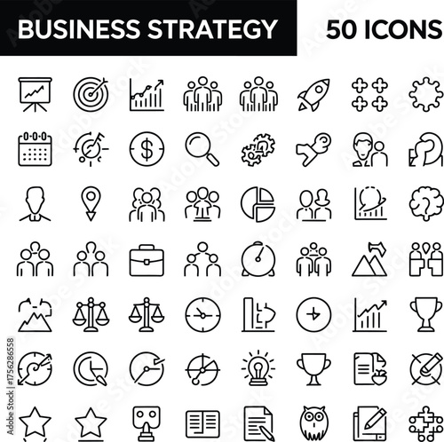 Business Strategy Icon Set – 50 Black and White Line Symbols for Planning, Growth, Innovation, Teamwork, and Success