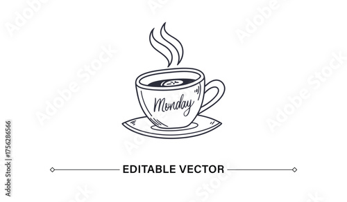 Steaming Monday Coffee Cup Hand-Drawn Line Art