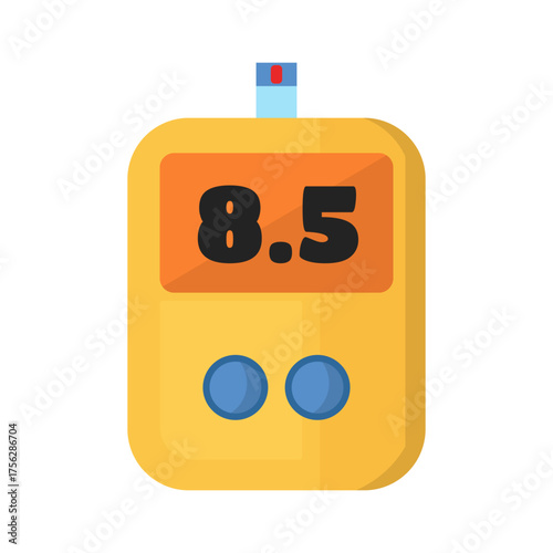 Isolated illustration cartoon yellow glucometer with normal value for advertising pamphlets on the theme of blood diseases, diabetes and other blood diseases. Laboratory equipment icon.