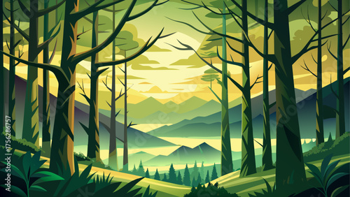 Scenic forest landscape with distant mountains