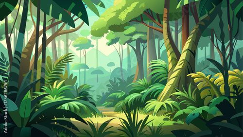 Lush jungle scene with dense vegetation
