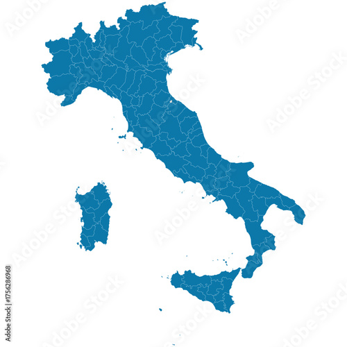 Editable vector silhouette map of Italy and its provinces, including its mainland and the islands of Sardinia and Sicily.