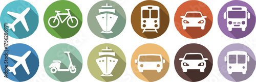 transportation icons set flat circular silhouettes airplane bicycle ship train car bus scooter vector ai eps jpeg png