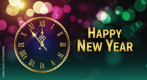 A vibrant illustration showcasing a golden clock striking midnight, surrounded by festive bokeh lights, symbolizing the joyous celebration of the arrival of the new year.