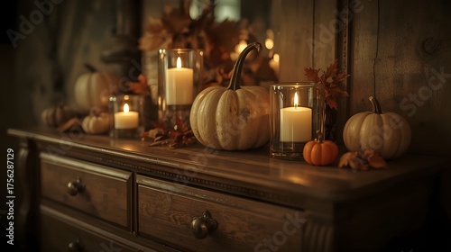 Halloween decor with candles, pumpkins, dried leaves, and lanterns glowing warmly on wooden chest