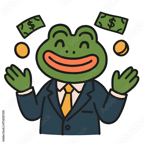 Wealthy Cartoon Frog in Suit Smiling with Money. Simple flat-style illustration perfect for concepts like wealth, fortune, humor, crypto coins and internet culture.