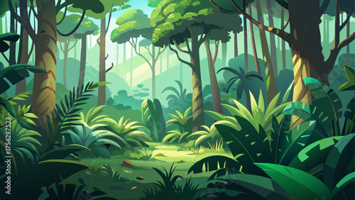 Lush jungle scene with dense vegetation
