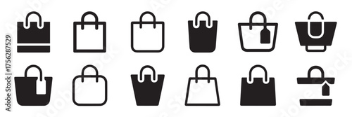minimal shopping bag icons 12 black and white vector designs tote paper carrier handles tag and upload arrow glyphs