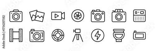 clean camera and media icons stack film strip lens flash tripod ui vector illustrations