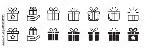 minimal gift icon collection black and white | 14 present and ribbon vectors for interface, ux, logos, stickers, printable