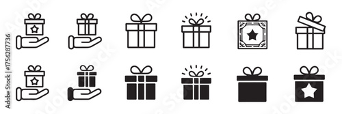 set of 14 black and white gift icons vector ai eps png jpeg | present, ribbon, box, celebration ui symbols for web and app