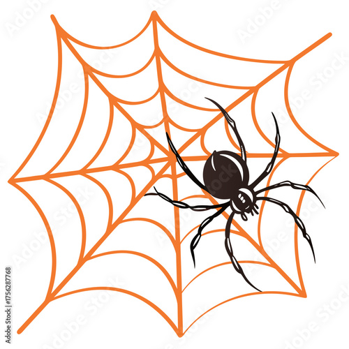 Stylized spider on orange web perfect for Halloween decorations and spooky season designs creepy crawlies arachnid illustrations vector graphics