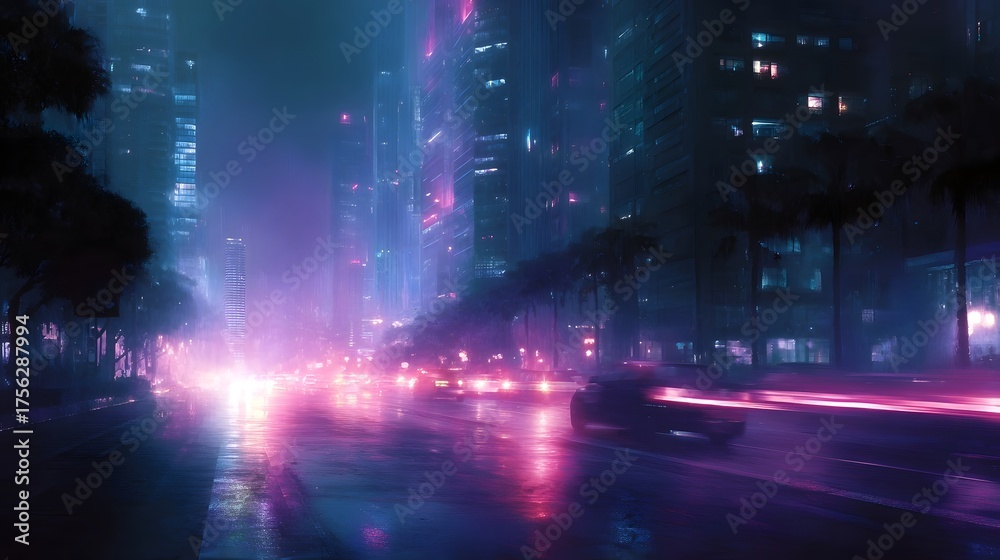 Fototapeta premium Futuristic city street at night illuminated by vibrant neon lights with cars creating light trails on wet asphalt