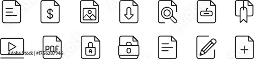 black and white document icons pack for pdf invoice video secure edit download upload interface design