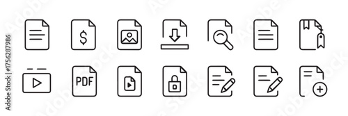 line art document and media icons collection for office apps cloud storage file actions and ui ux controls