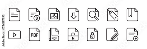 scalable vector document icons set: document, pdf, secure, edit, download, play, bookmark for web and app design