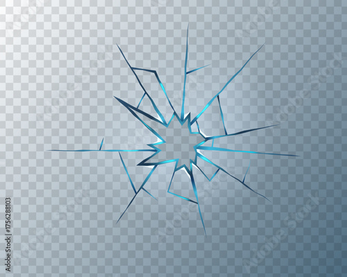 Realistic shattered glass texture with sharp cracks and bullet holes. Transparent broken window background with fracture and crash effect. Abstract 3D design for damage overlay.