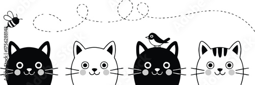 playful row of four cartoon cat faces with bee and bird minimal vector illustration for kids decor