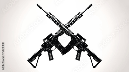A black and white graphic design of two crossed AR-15 rifles forming an X shape.  
