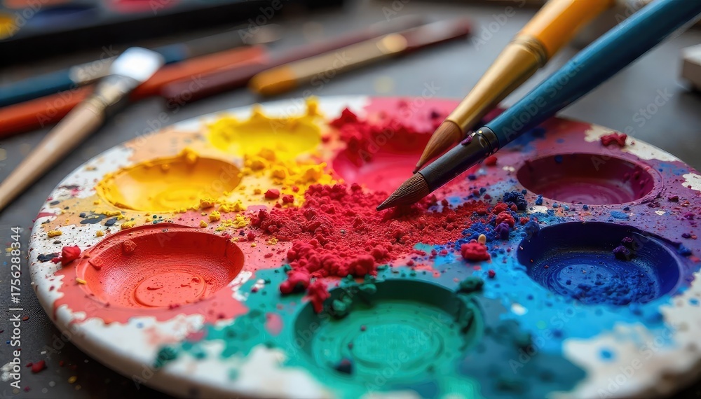 Obraz premium Vibrant Paint Palette Explosion Artistic Creation, Passionate Energy, Colorful Brushes