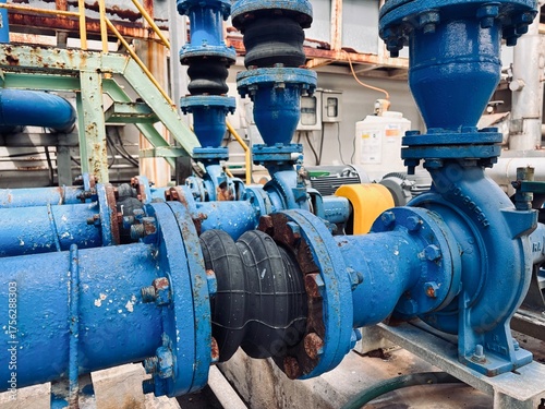 Close-up of blue industrial steel pipes with black rubber expansion joints and red valves. The rusted bolts on the flanges and pipes suggest a water treatment or chemical processing plant environment.