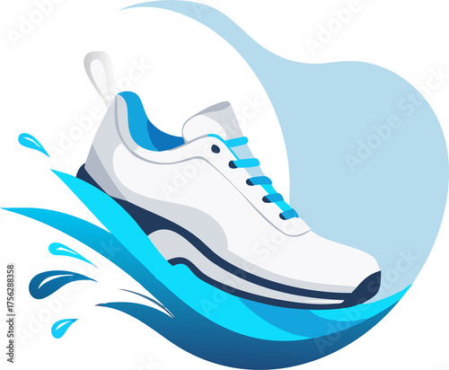 Stylized white athletic shoe with blue and gray accents emerging from water splash logo