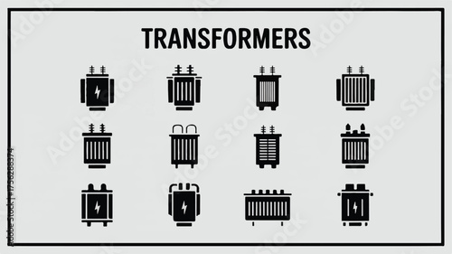 A black and white icon set collection of 12 electrical transformer illustrations arranged in a 3x4 grid 

