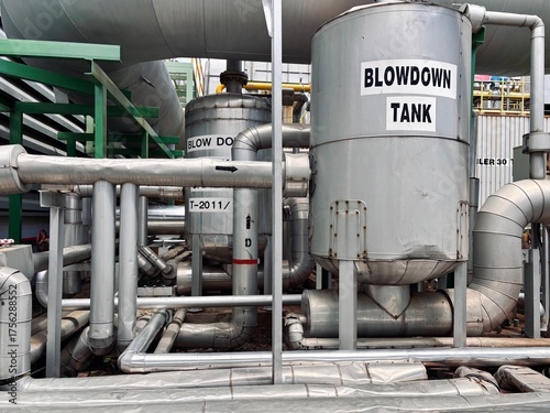 Industrial boiler blowdown tank and complex piping system in a power plant or factory, illustrating heavy-duty industrial equipment and infrastructure.