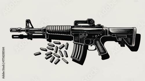 A black and white illustration of an M16 assault rifle in a side profile view against a white background.  (1)_traced
