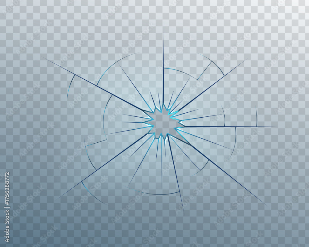 Broken glass texture with cracks, bullet holes, and smashed edges. Realistic fracture effect on transparent surface. Abstract vector background for damage or crash design.