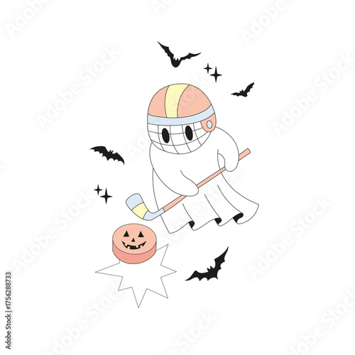 Spooky Halloween Ghosts Playing Hockey Illustration, Cute Sporty Vintage Aesthetic Clipart for T-Shirt Design, Scrapbooking and Stickers