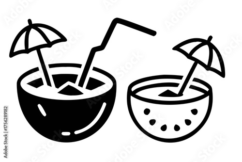 Two tropical cocktails in coconut and watermelon
