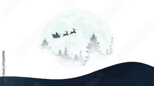 Santa Claus Sleigh Ride Over Snowy Forest at Night