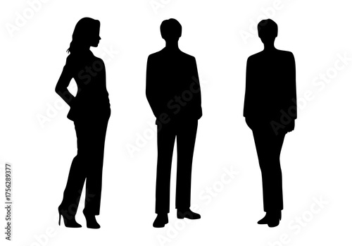 Vector silhouette of one woman and two men, business people standing elegantly in black isolated on white background