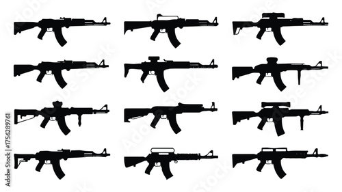 A black and white silhouette illustration of 12 different assault rifles arranged in a 3x4 grid pattern against a white background 