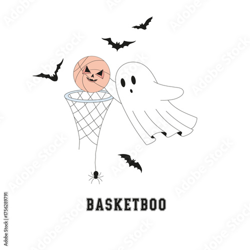 Spooky Halloween Ghost Playing Basketball Illustration, Cute Sporty Vintage Aesthetic Clipart for T-Shirt Design, Scrapbooking and Stickers