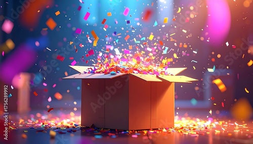 A cardboard box bursts open, releasing colorful confetti illuminated by soft lighting, symbolizing celebration and surprise. The background features blurred forms