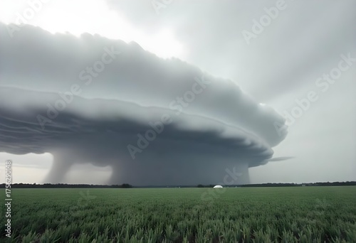 A long road with a supercell thunderstorm above it, the sky is cloudy and dark , the grass is yellow and dry