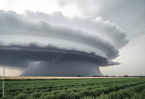 A long road with a supercell thunderstorm above it, the sky is cloudy and dark , the grass is yellow and dry