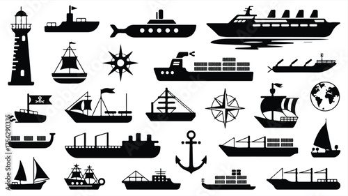 A collection of black and white nautical ship silhouettes arranged in a grid pattern on a white background 
