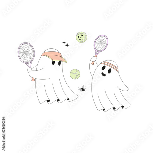 Spooky Halloween Ghosts Playing Tennis Illustration, Cute Sporty Vintage Aesthetic Clipart for T-Shirt Design, Scrapbooking and Stickers