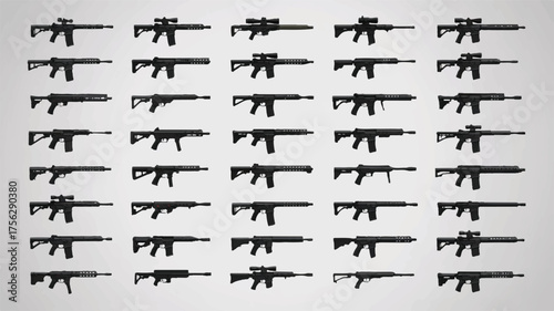 A collection of black silhouettes of various firearms arranged in a grid pattern against a white background.  
