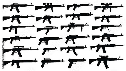 A collection of black silhouettes of various firearms arranged in a grid pattern against a white background.  
